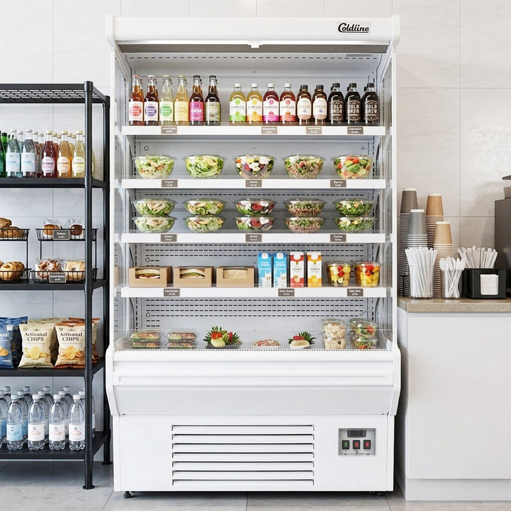 Coldline SOC-51-W white open air merchandiser, stocked with drinks and food in a cafe (representative image)