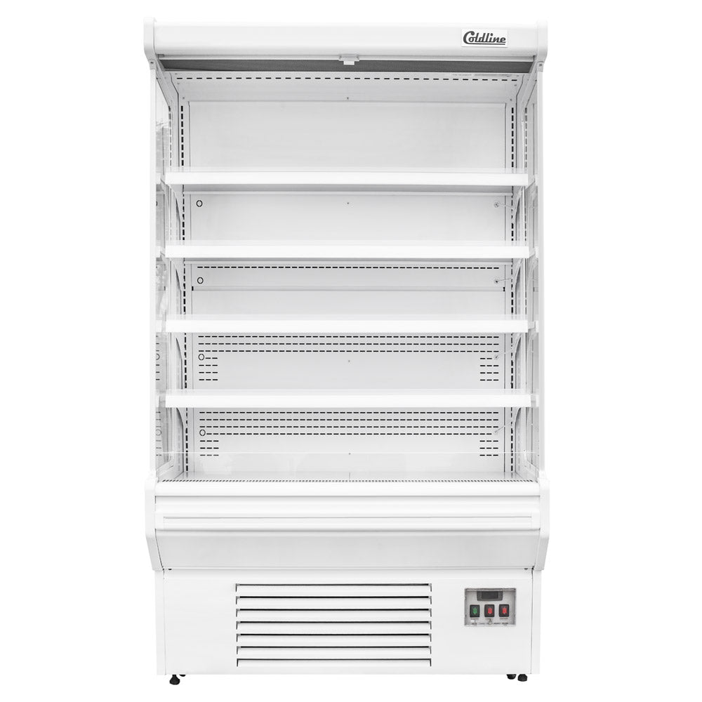 Coldline SOC-51-W white open air merchandiser, front view, empty