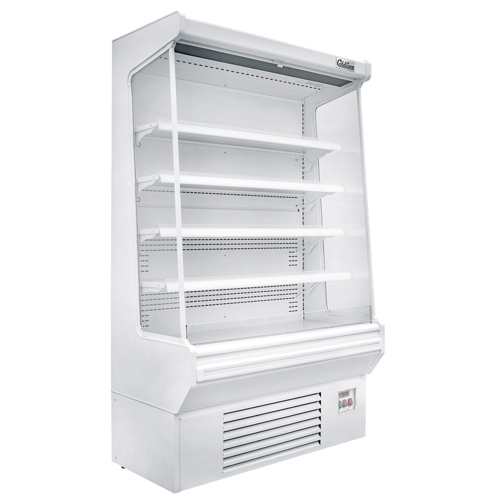 Coldline SOC-51-W white open air merchandiser, angled front view, empty, lights on
