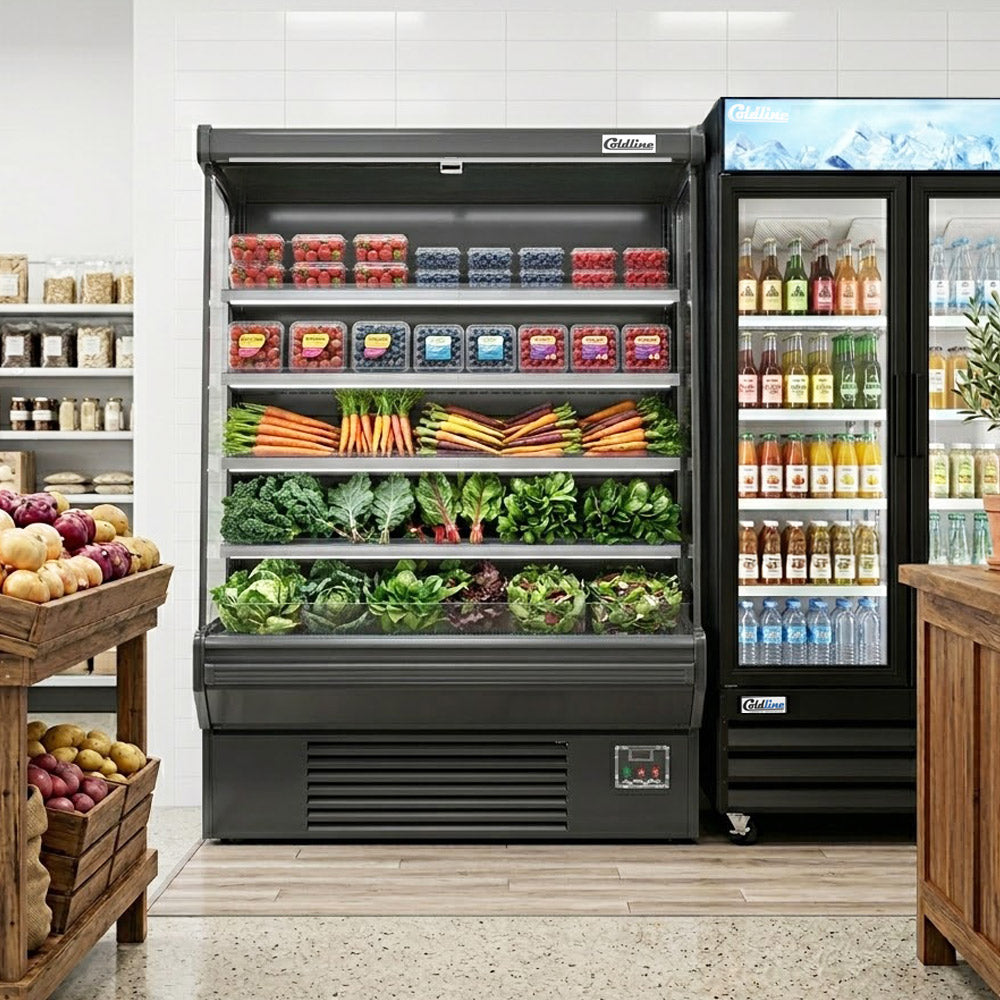 Coldline SOC-61-B black open air merchandiser, stocked with produce in a market (representative image)