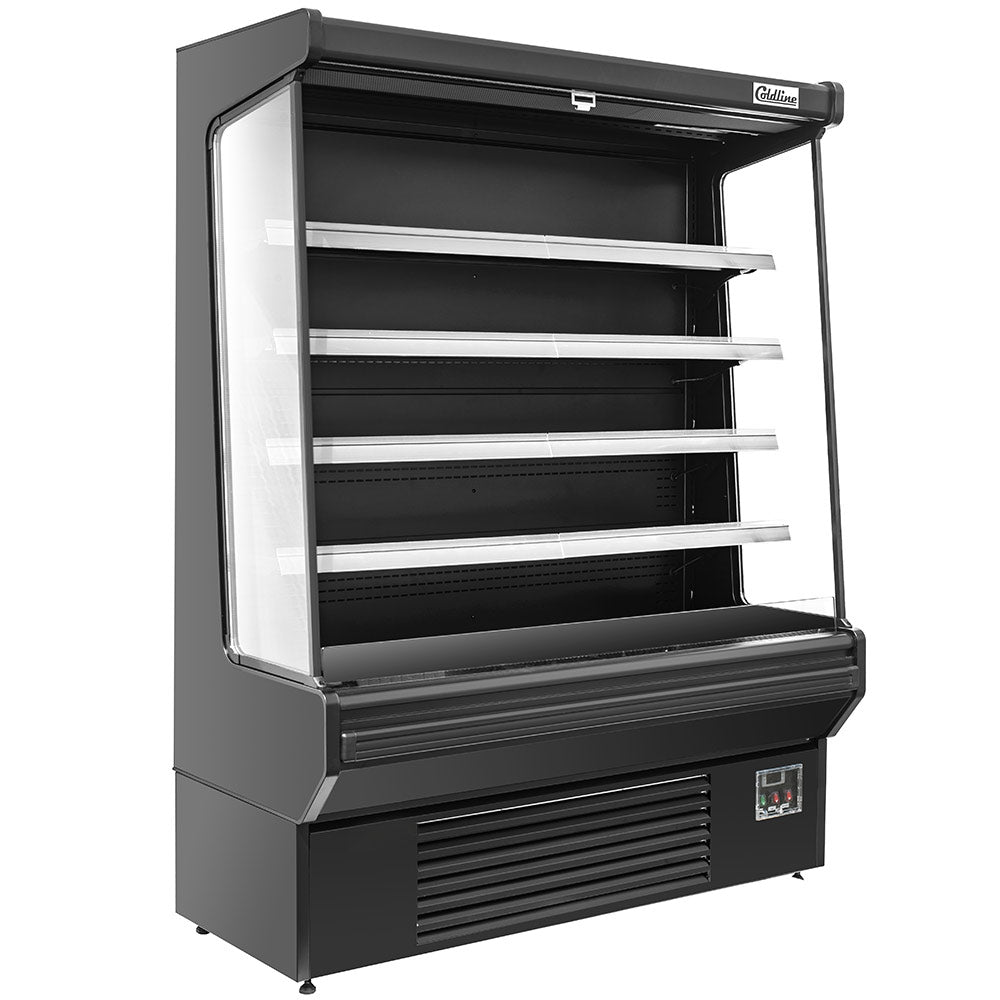 Coldline SOC-61-B black open air merchandiser, angled front view, empty, lights on