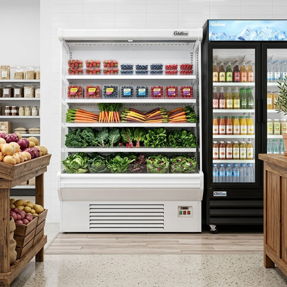 Coldline SOC-61-W white open air merchandiser, stocked with produce in a market (representative image)