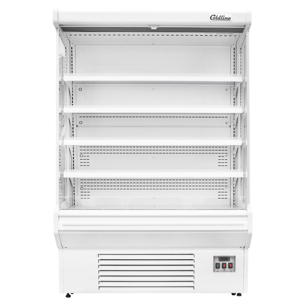 Coldline SOC-61-W white open air merchandiser, front view, empty