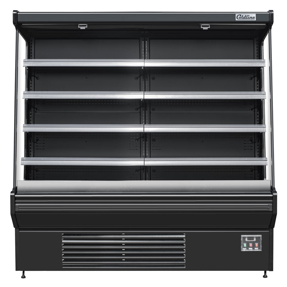 Coldline SOC-76-220-B black open air merchandiser, front view, empty
