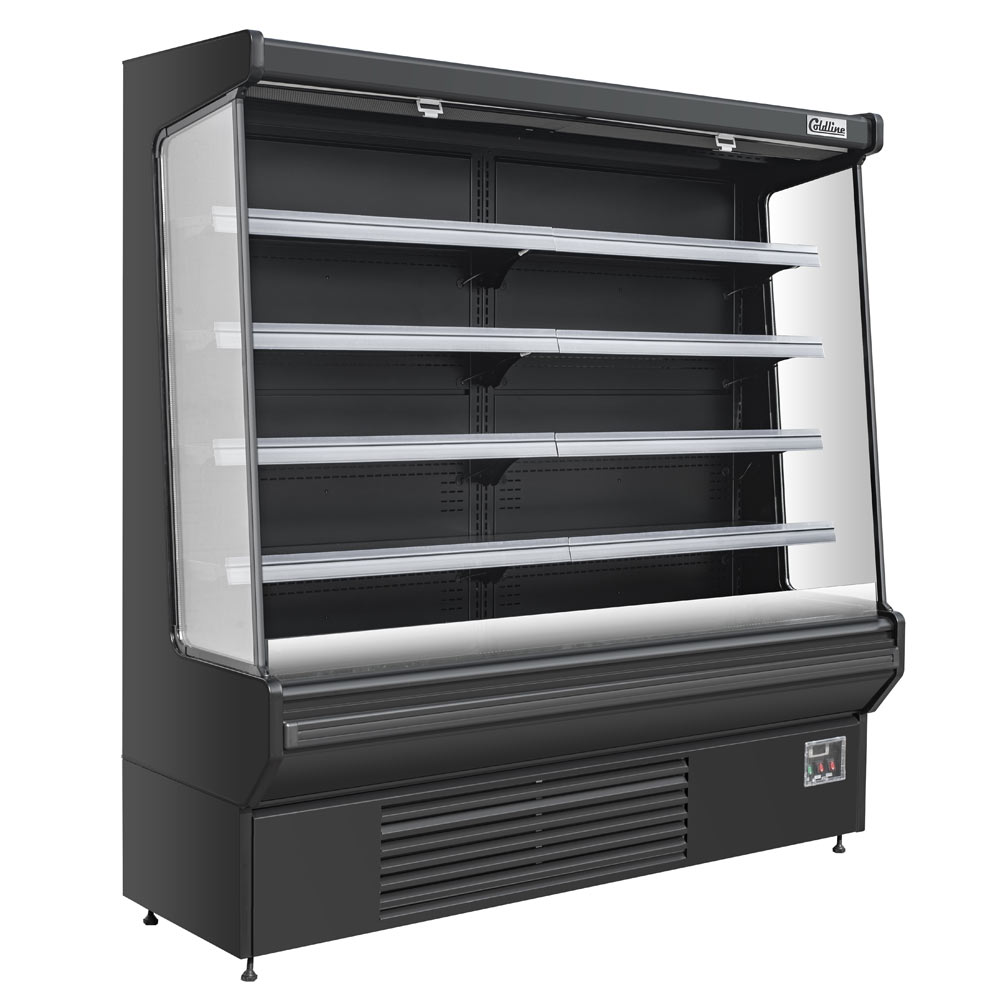 Coldline SOC-76-220-B black open air merchandiser, angled front view, empty, lights on