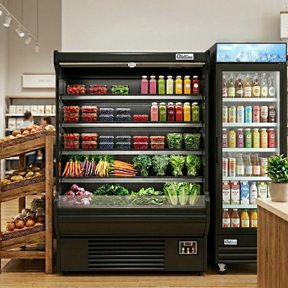 Coldline SOCD-61-B black open air merchandiser, stocked with produce in a market (representative image)