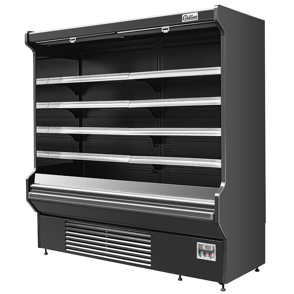 Coldline SOCD-76-B black open air merchandiser, angled front view from the other side, empty