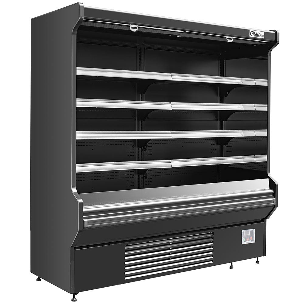 Coldline SOCD-76-B black open air merchandiser, angled front view, empty, lights on