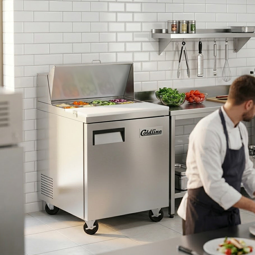 Coldline SP27 sandwich prep table, lid open with ingredients in the pans (representative image)