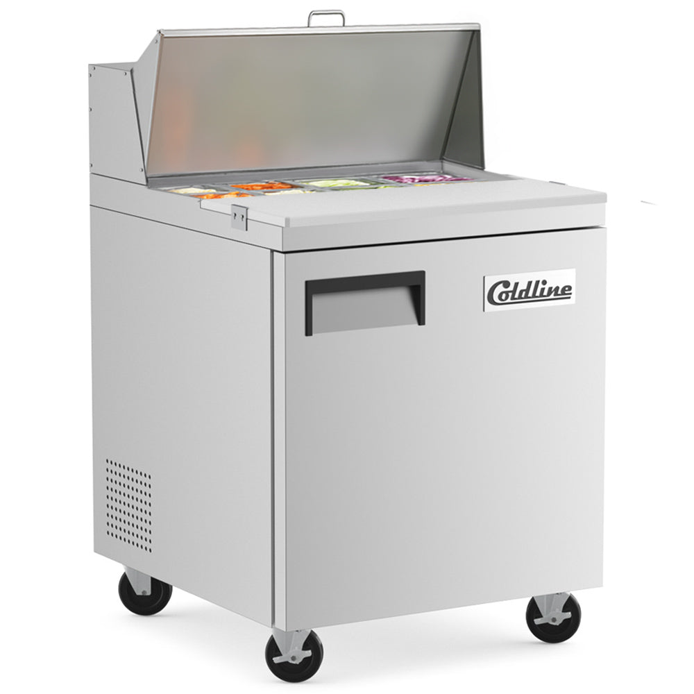Coldline SP27 sandwich prep table, lid open with ingredients in the pans (representative image)