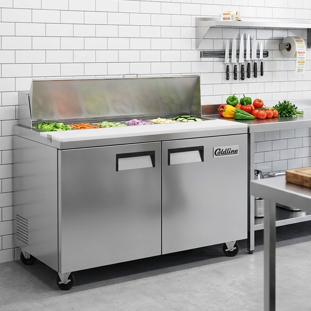 Coldline SP48 sandwich prep table, lid open with ingredients in the pans (representative image)