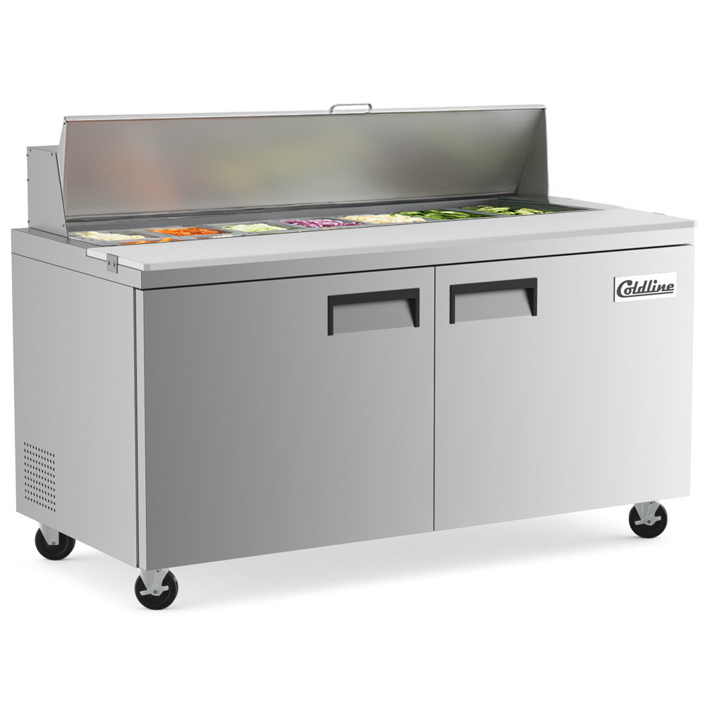 Coldline SP60 sandwich prep table, lid open with ingredients in the pans (representative image)