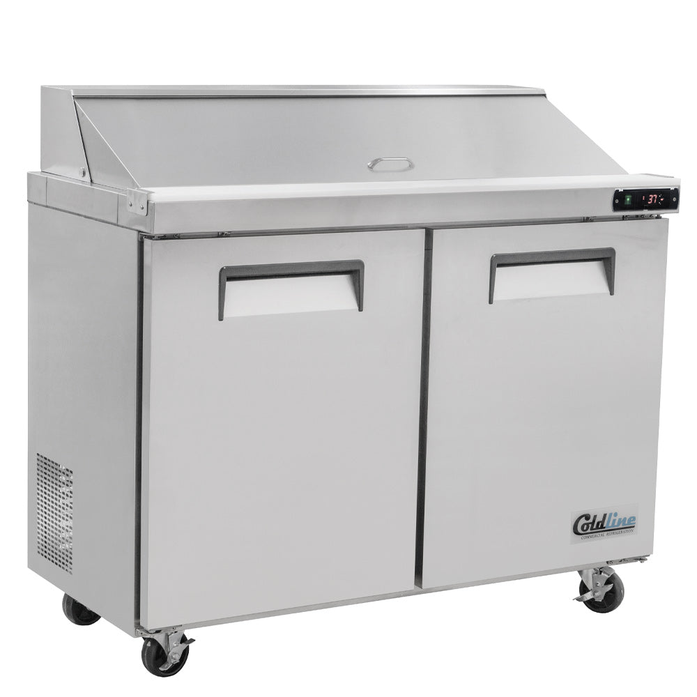 Coldline SPN-48 narrow depth sandwich prep table, angled front view