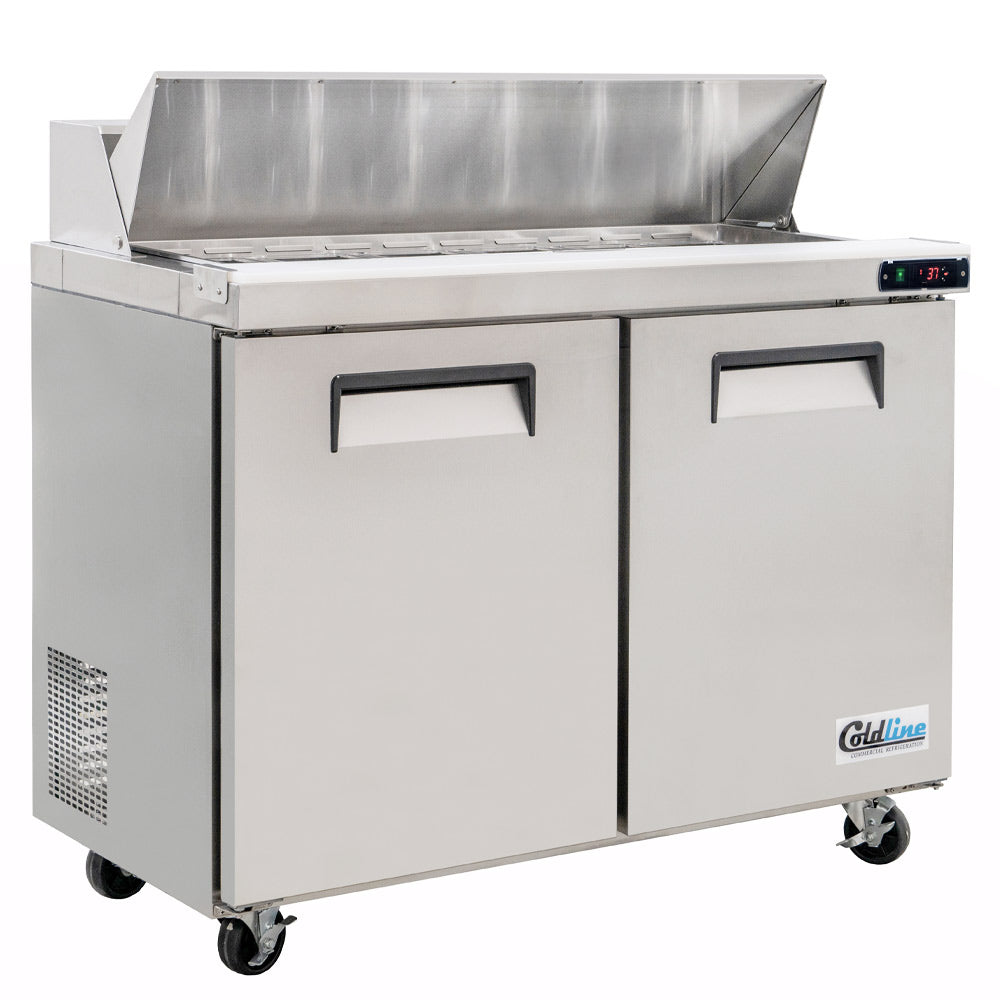 Coldline SPN-48 narrow depth sandwich prep table, angled front view with the lid open