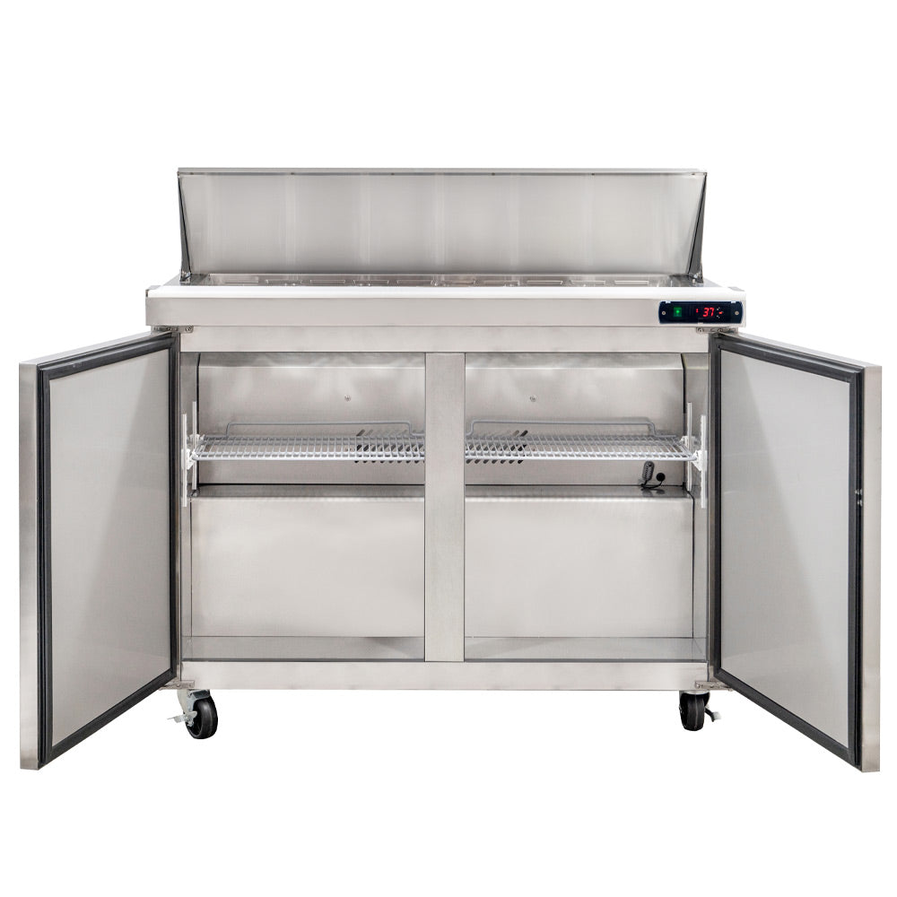 Coldline SPN-48 narrow depth sandwich prep table, doors open showing the shelving