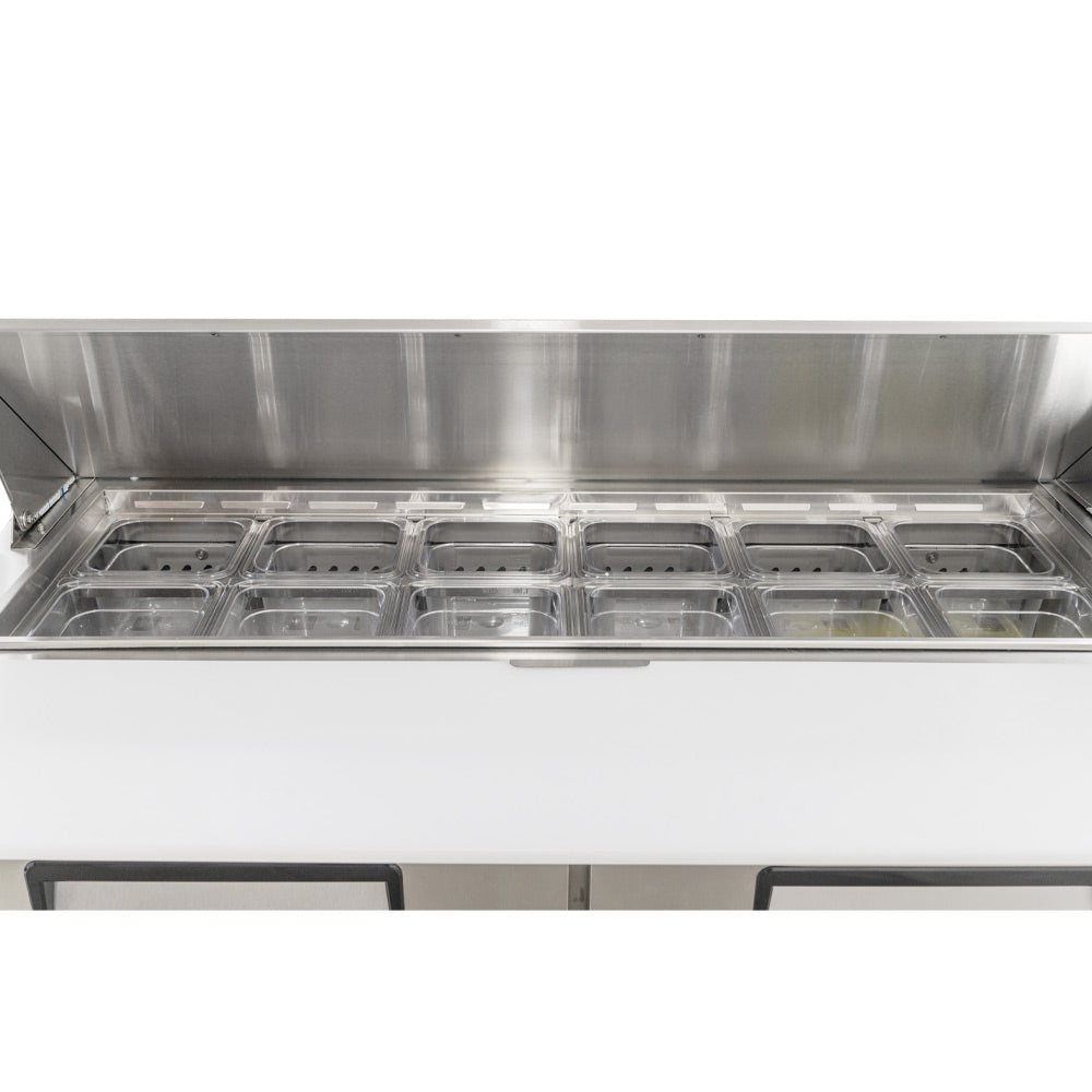 Coldline SPN-48 narrow depth sandwich prep table, pan rail with the lid open, close-up