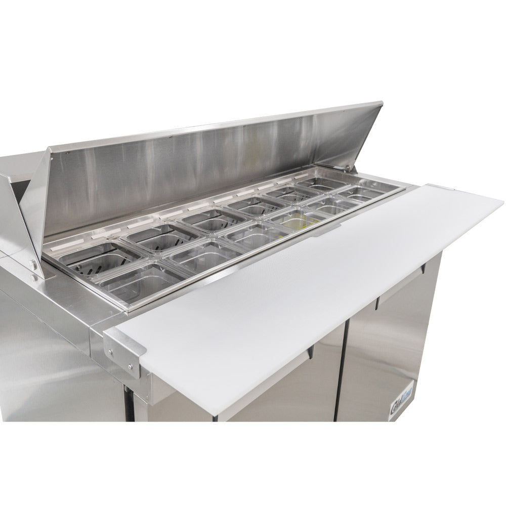 Coldline SPN-48 narrow depth sandwich prep table, cutting board, close-up