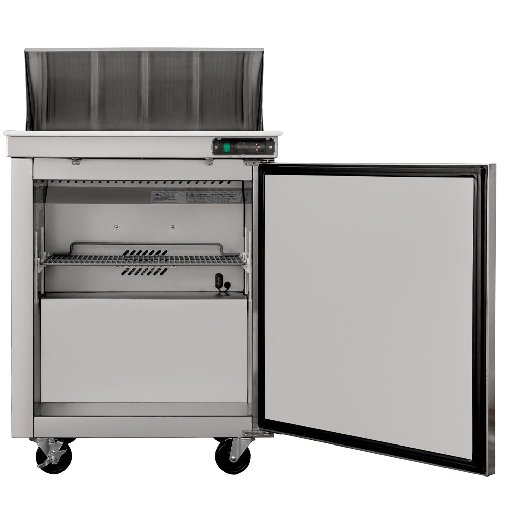 Coldline SPN-29 narrow depth sandwich prep table, door open showing the shelving