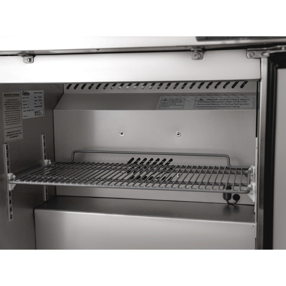 Coldline SPN-29 narrow depth sandwich prep table, interior shelf, close-up
