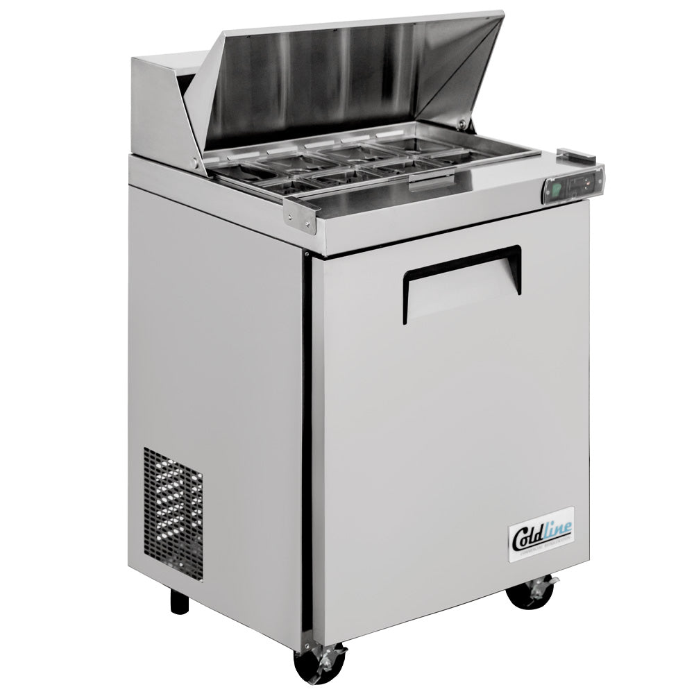 Coldline SPN-29 narrow depth sandwich prep table, angled front view with the lid open
