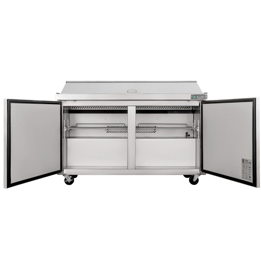 Coldline SPN-60 narrow depth sandwich prep table, doors open showing the shelving