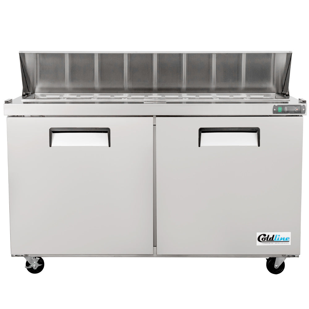Coldline SPN-60 narrow depth sandwich prep table, front view with the lid open