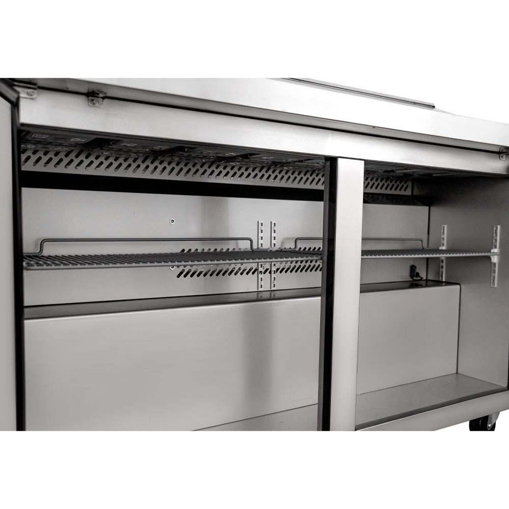 Coldline SPN-60 narrow depth sandwich prep table, interior with shelving, close-up
