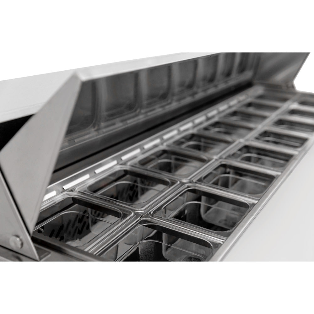 Coldline SPN-60 narrow depth sandwich prep table, pan rail with the lid open, close-up