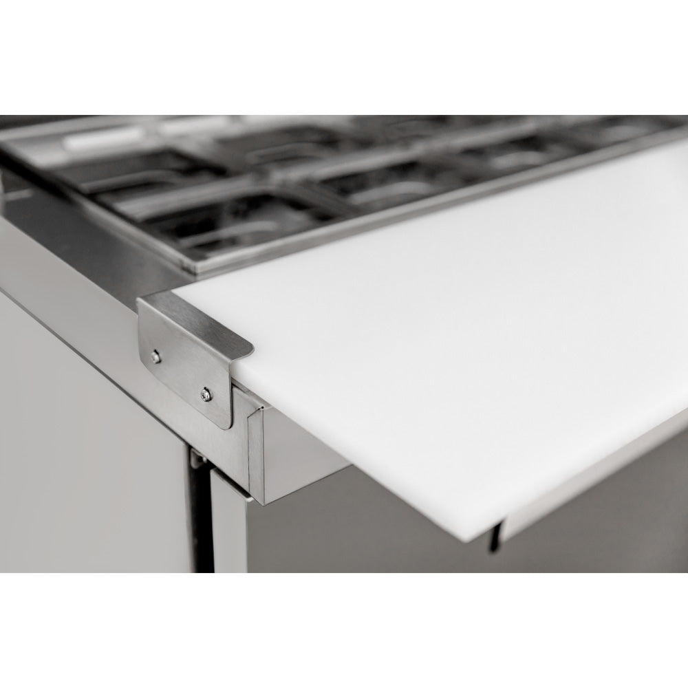 Coldline SPN-60 narrow depth sandwich prep table, cutting board, close-up