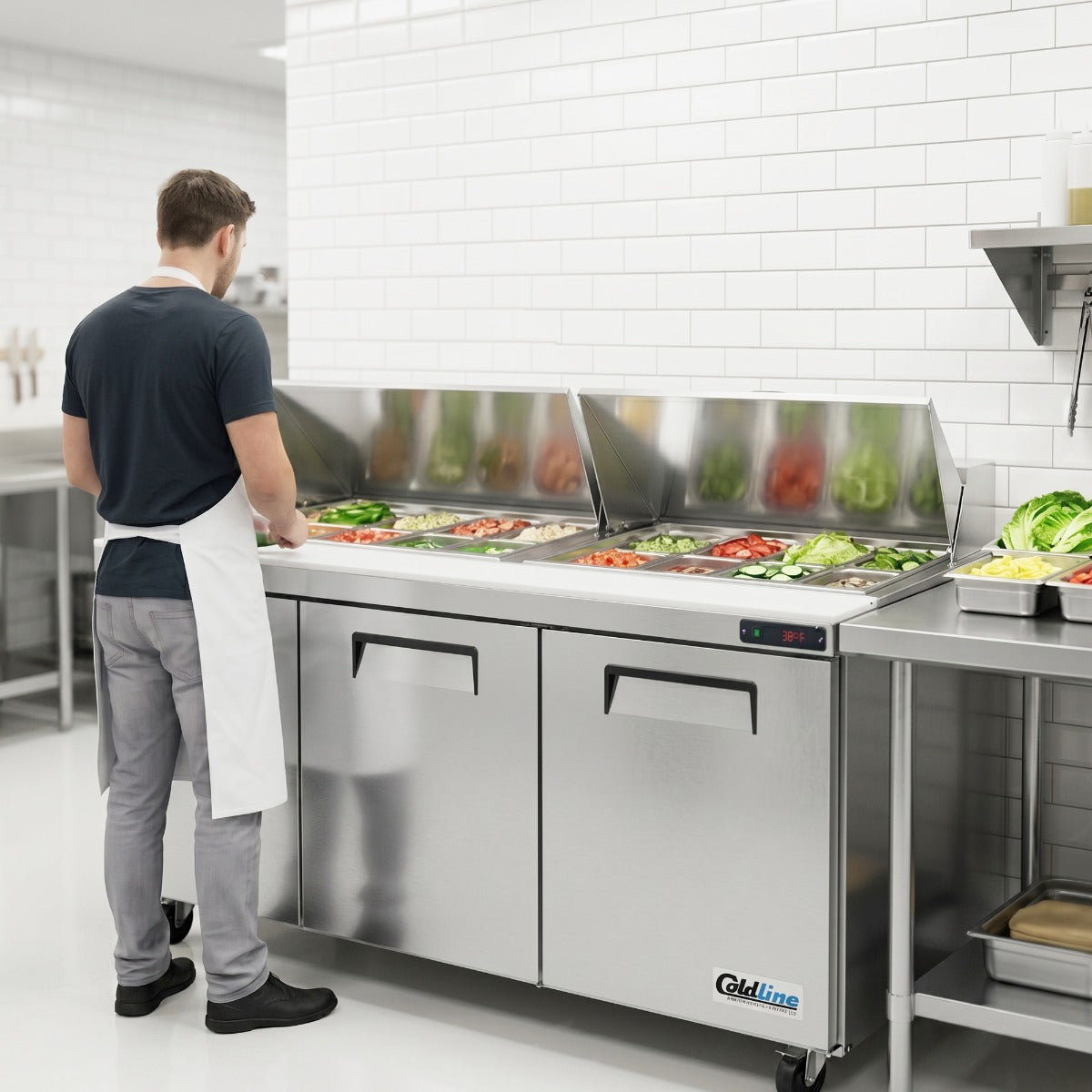 Coldline SPN-72 narrow depth sandwich prep table, in use in a kitchen (representative image)