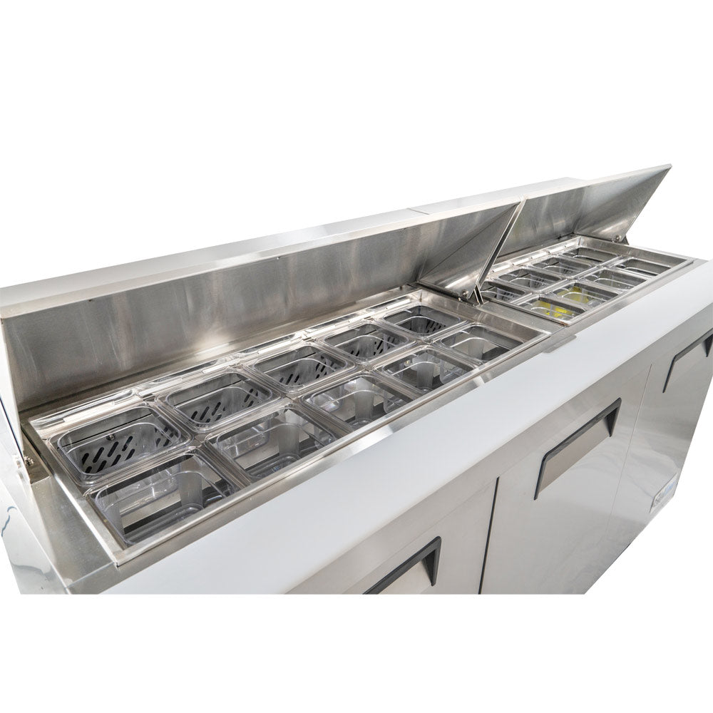 Coldline SPN-72 narrow depth sandwich prep table, pan rail with the lid open, close-up