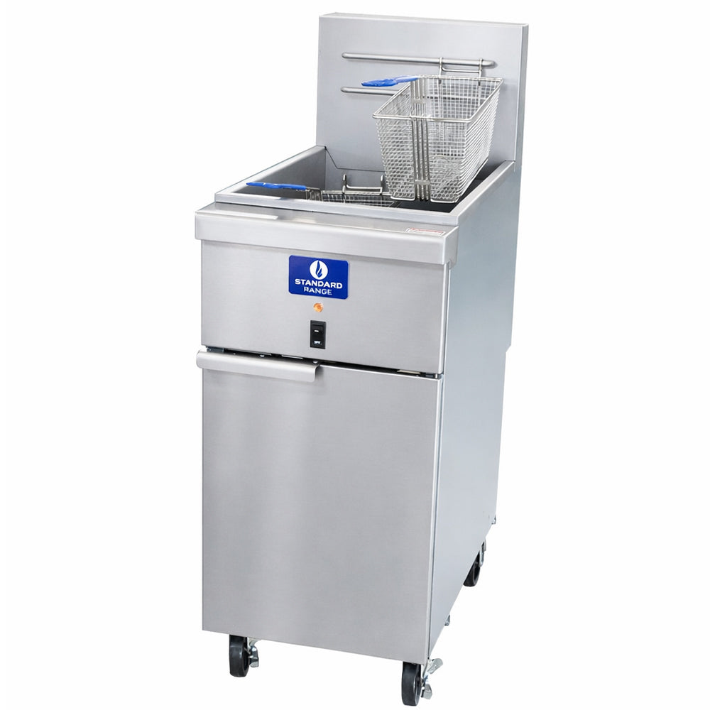 Standard Range SR-EF50-240-3 50 lb. electric floor fryer, angled front view with basket