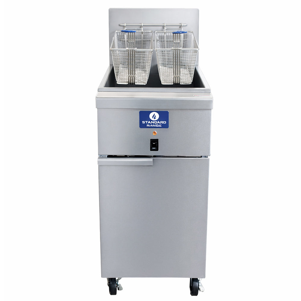 Standard Range SR-EF50-240-3 50 lb. electric floor fryer, front view with 2 baskets