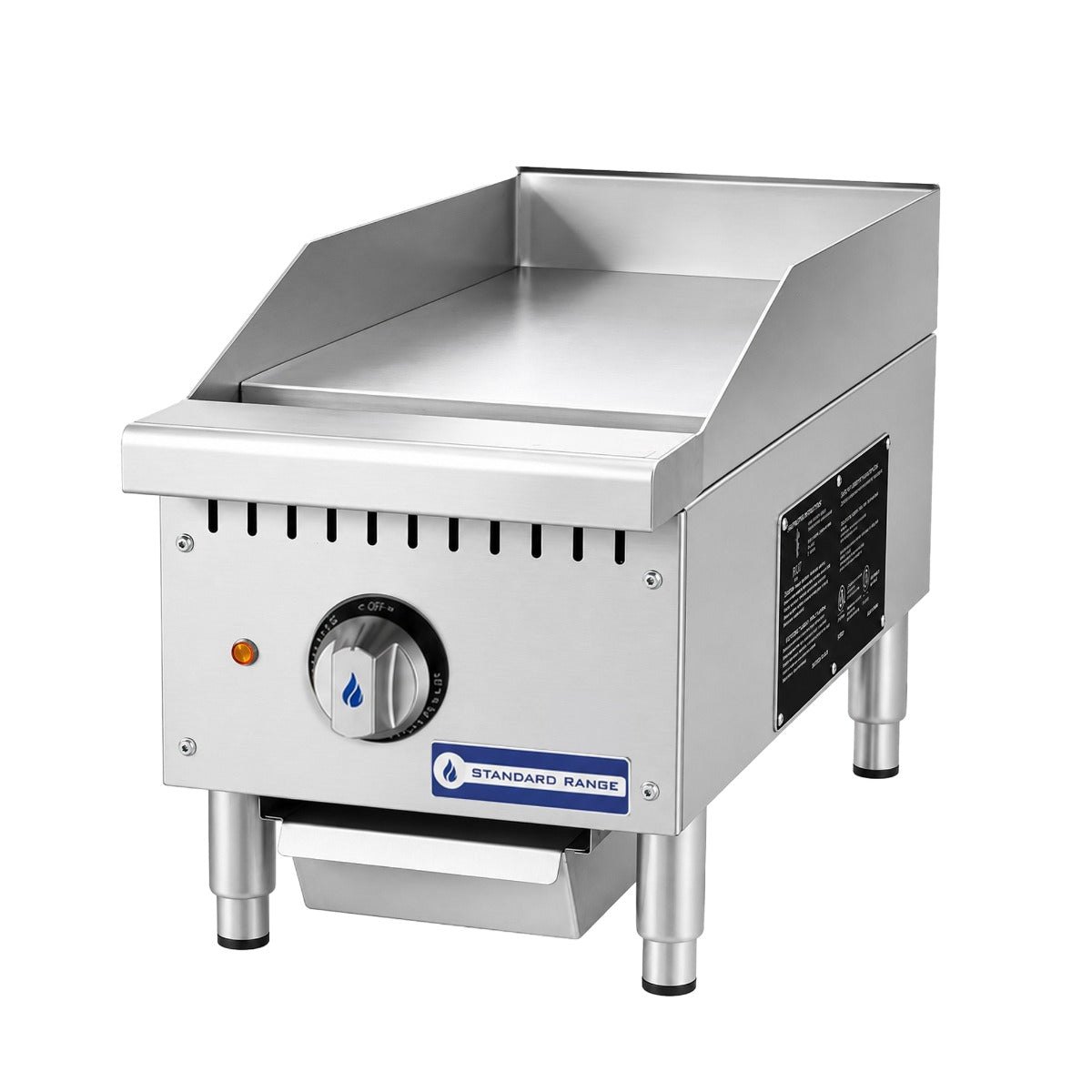 Standard Range SR-EG12 12 inch electric countertop griddle, angled front view