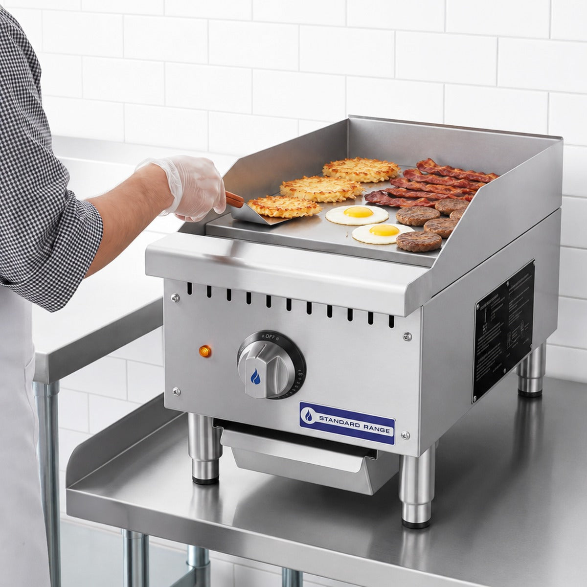 Standard Range SR-EG12 12 inch electric countertop griddle, cooking eggs, bacon and hash browns