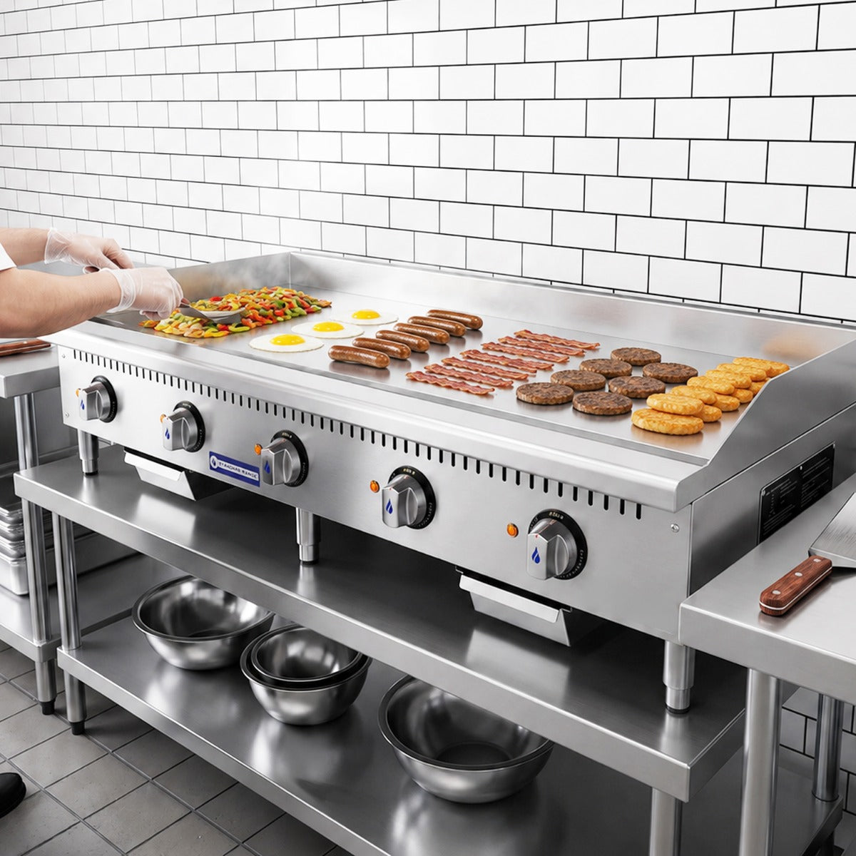 Standard Range SR-EG60 60 inch electric countertop griddle, cooking eggs, sausage, burgers and peppers on an equipment stand