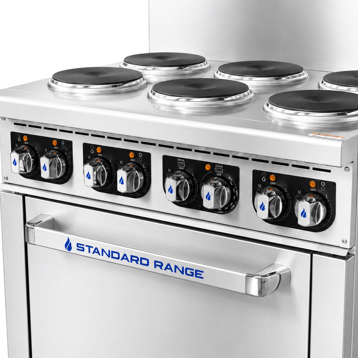 Standard Range SR-ER36-240 36 inch electric range, control knobs and oven door handle, close-up