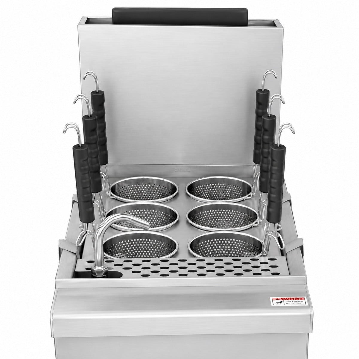 Standard Range SR-PC11-LP liquid propane pasta cooker, top view of the six baskets