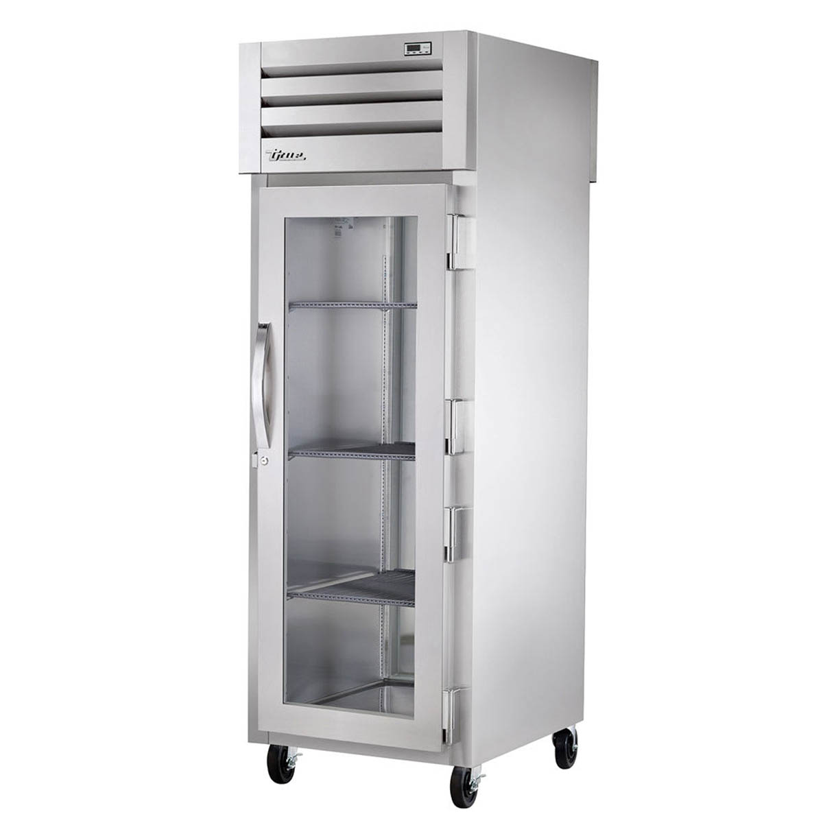 True STA1F-1G-HC reach-in freezer with 1 glass door, front angle view, doors closed