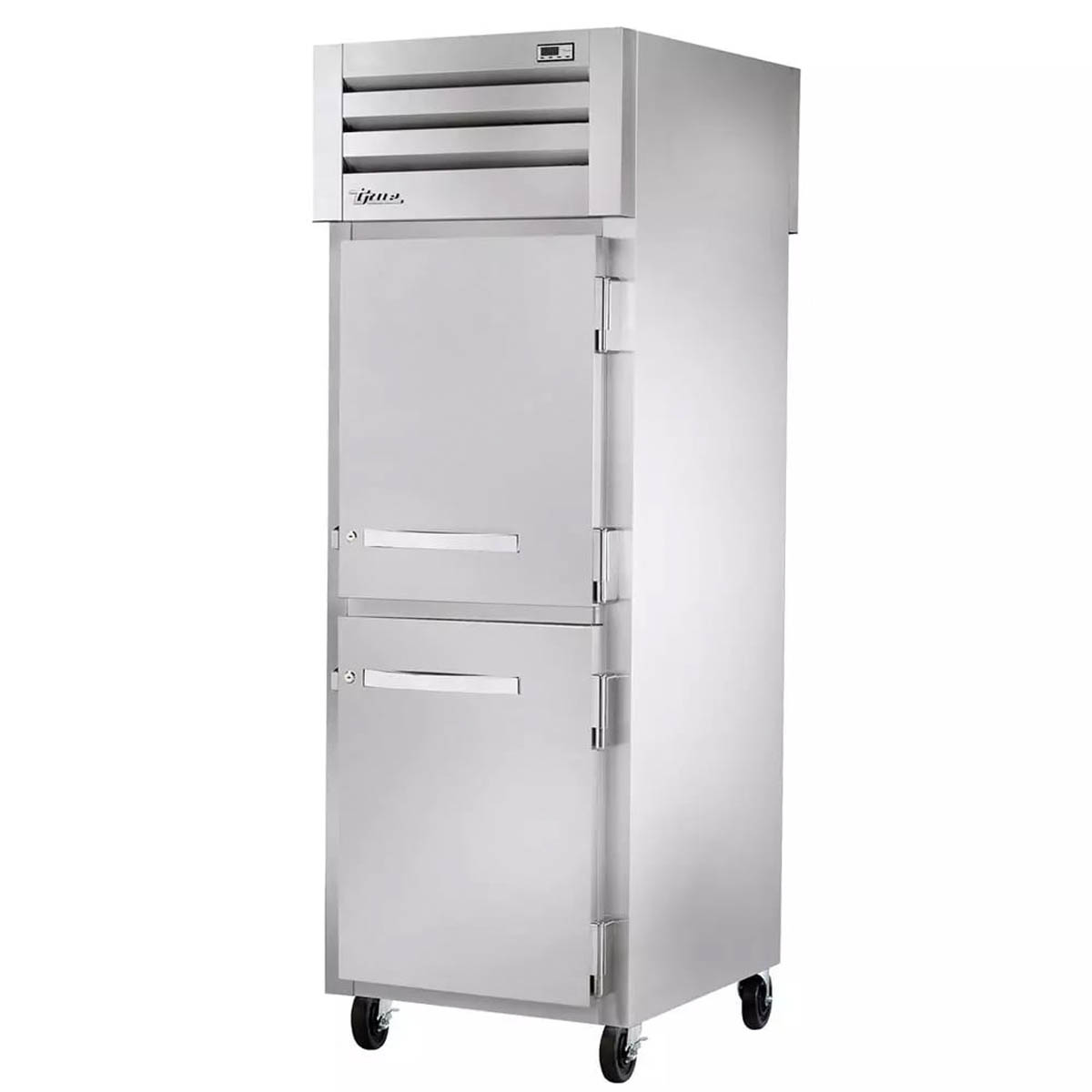 True STA1H-2HS heated holding cabinet with 2 solid half doors, front angle view, doors closed