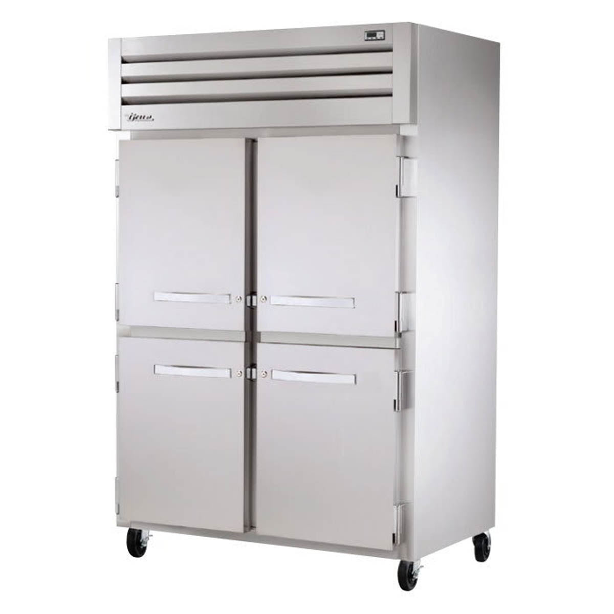 True STA2H-4HS heated holding cabinet with 4 solid half doors, front angle view, doors closed