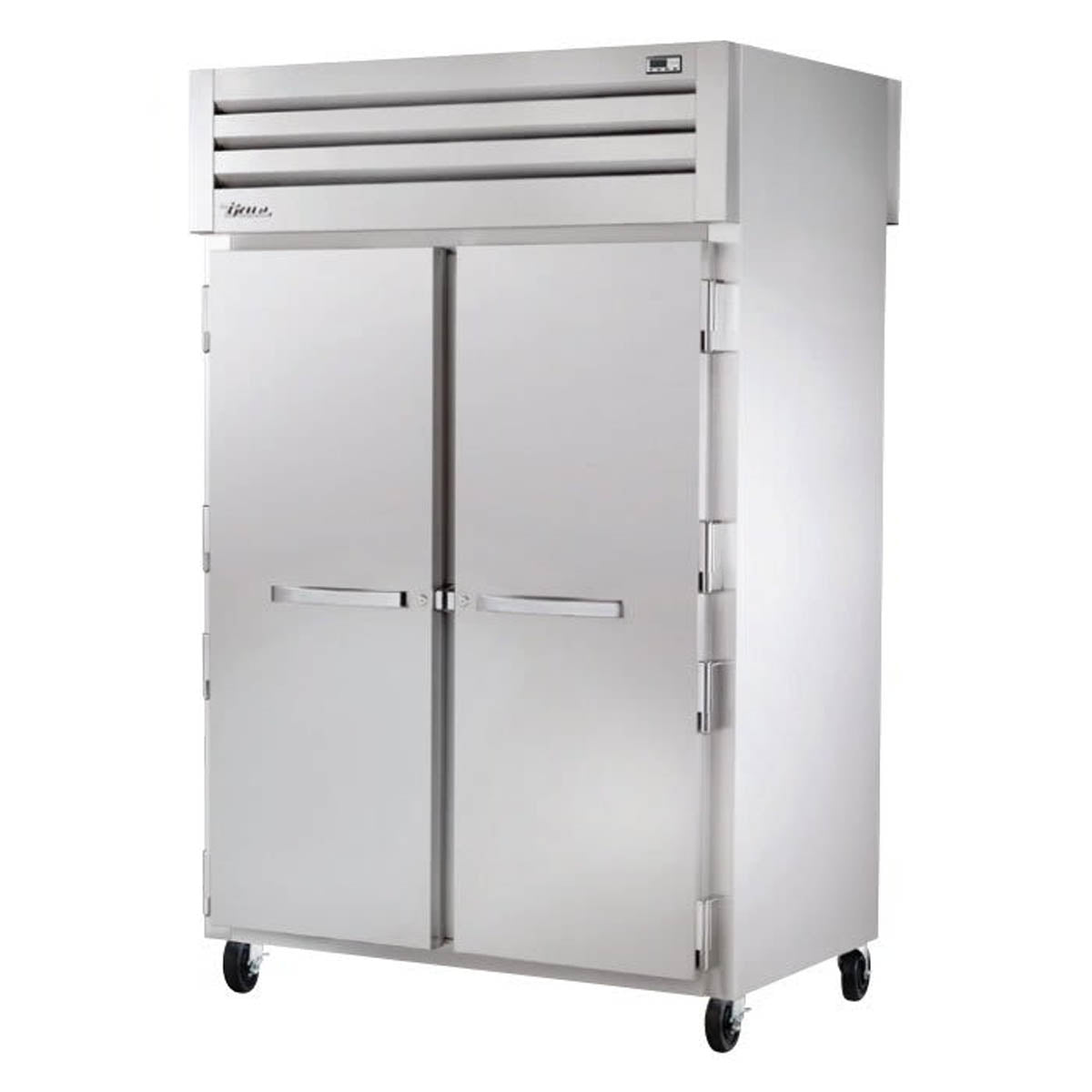 True STA2HPT-2S-2S pass-thru heated holding cabinet, front angle view showing 2 solid doors, doors closed