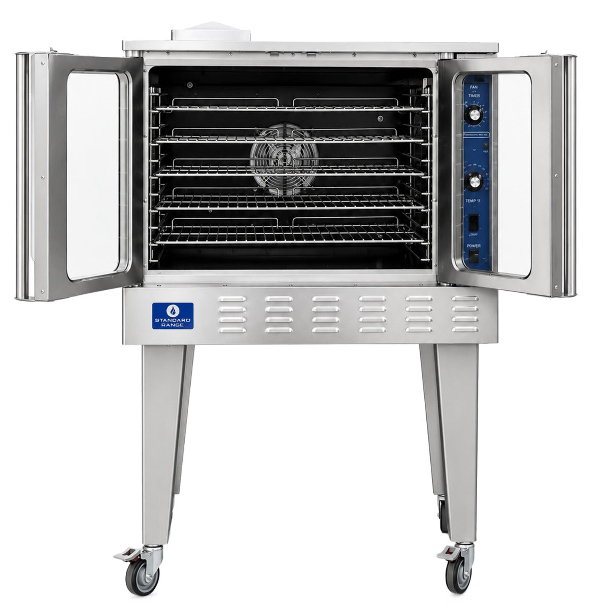 Standard Range SR-COG-SGL single deck gas convection oven, doors open showing 5 racks and the convection fan