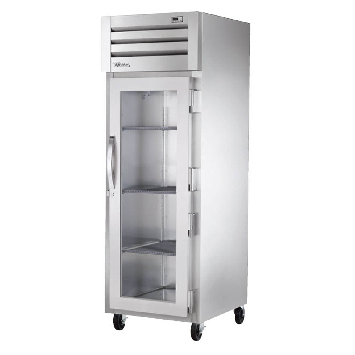 True STG1F-1G-HC reach-in freezer, front angle view, glass door hinged on the right