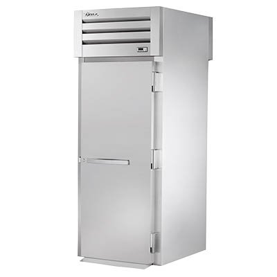 True STR1HRT-1S-1S roll-thru heated cabinet with 1 solid door on the front and 1 solid door on the back, front angle view