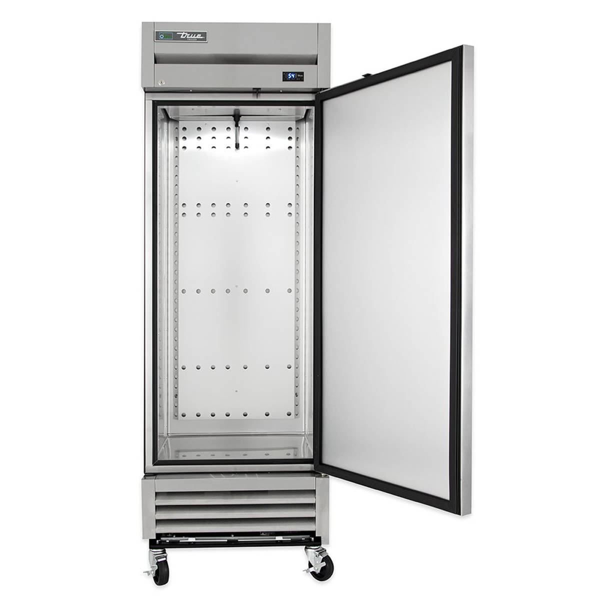 True T-19FZ-HC 1-door solid reach-in freezer, right-hinged door open, empty shelves