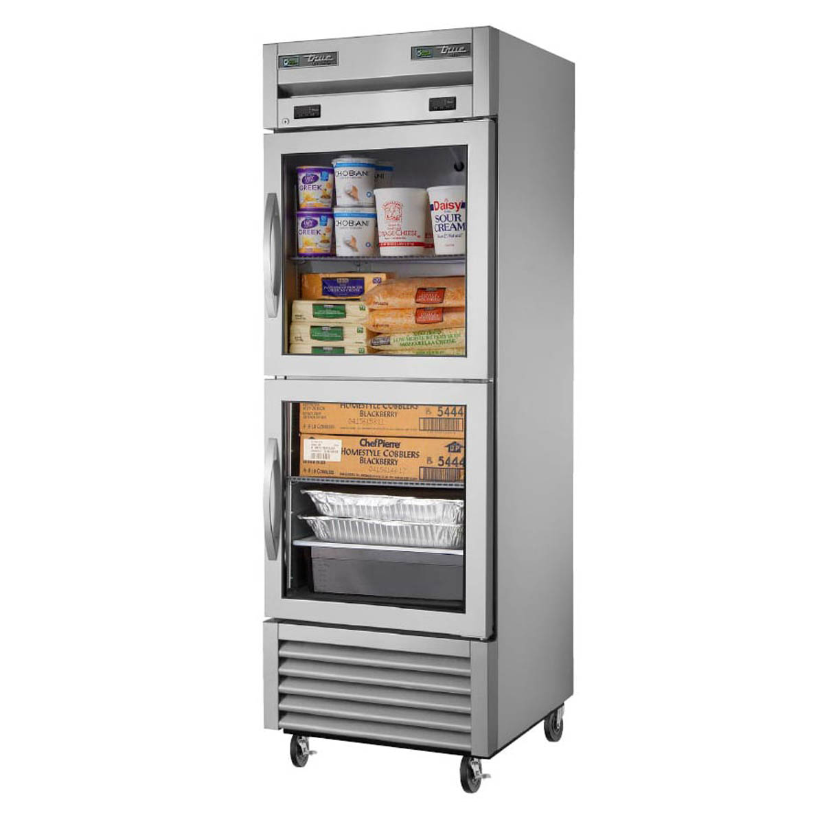 True T-23DT-G-HC~FGD01 2 half-door glass reach-in dual-temperature refrigerator/freezer, front angle view, stocked behind the glass half doors