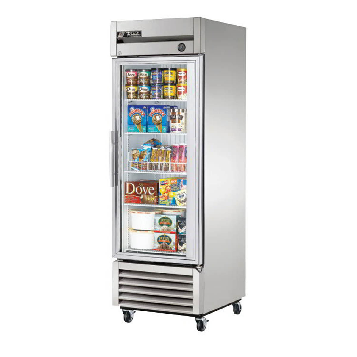 True T-23FG-HC~FGD01 1-door glass reach-in freezer, front angle view, stocked behind the glass door