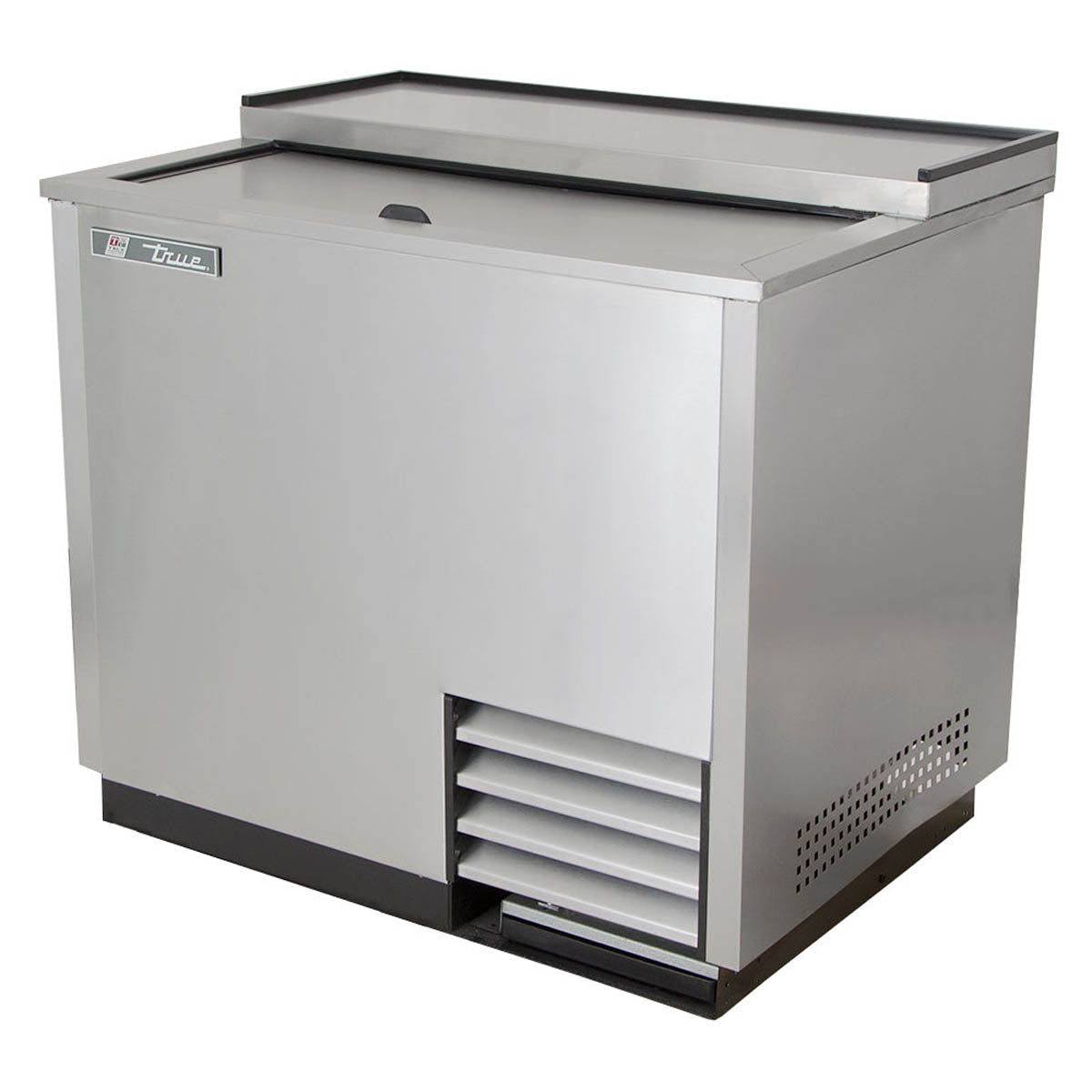 True T-36-GC-S-HC stainless steel glass froster, front angle view, lid closed