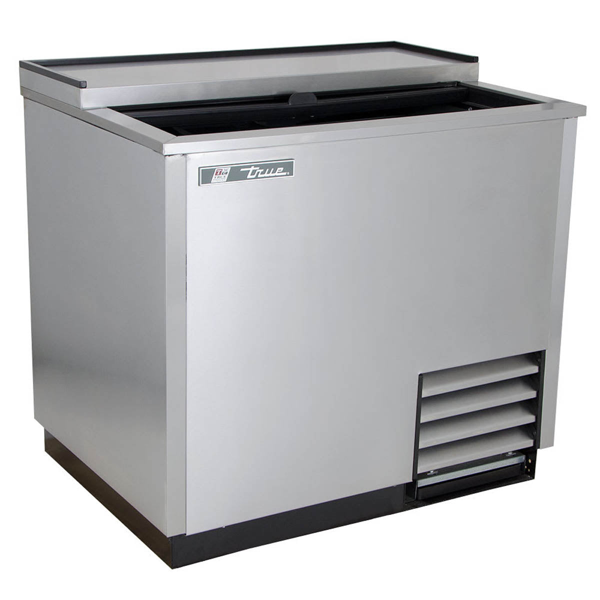 True T-36-GC-S-HC stainless steel glass froster with the slide lid open, front angle view